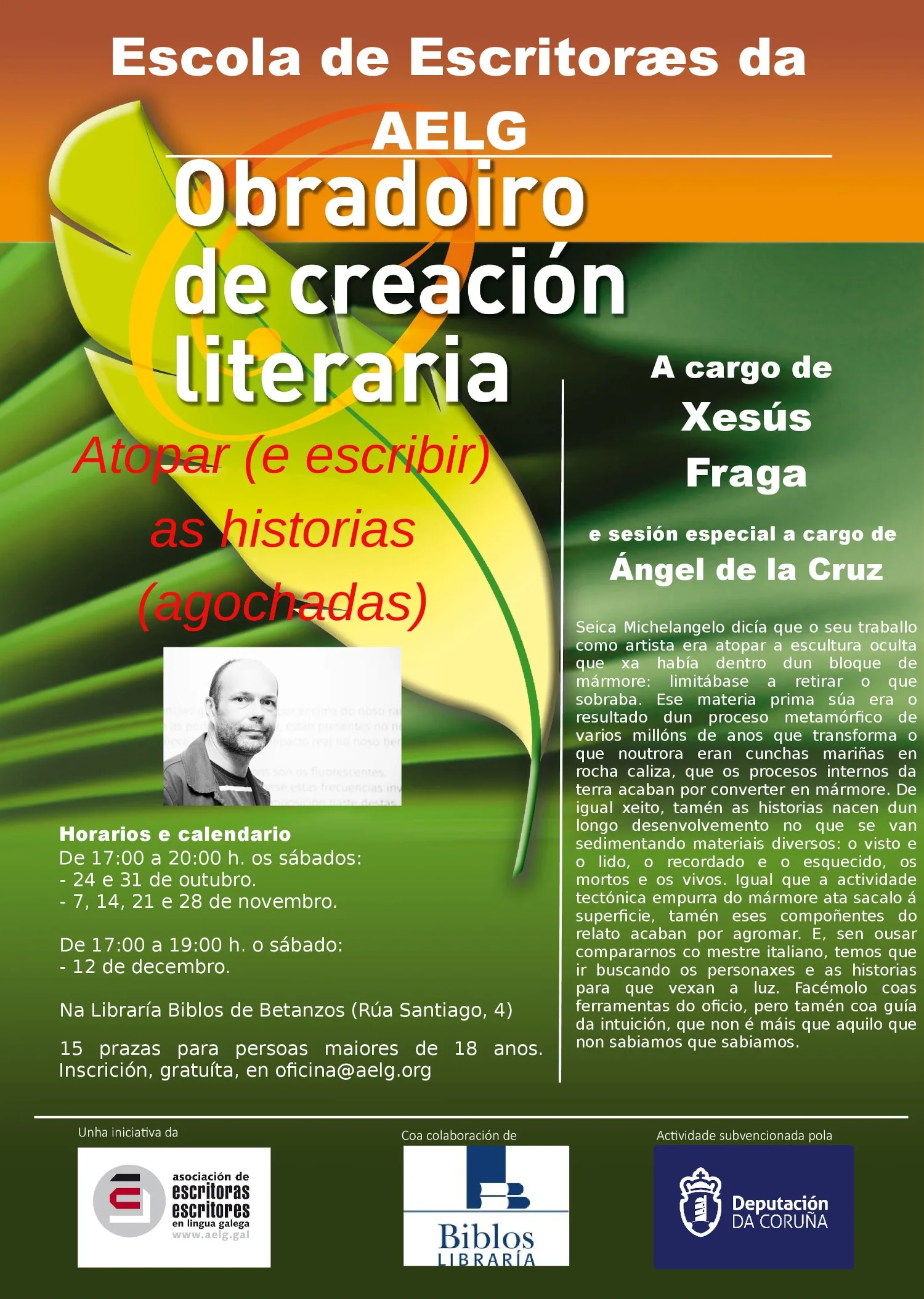 Cartel do obradoiro de creación literaria de Xesús Fraga na Libraría Biblos