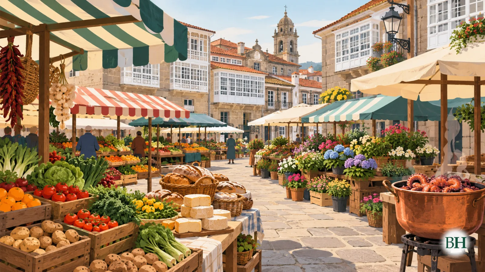 Ilustración xerada con intelixencia artificial. Ilustración editorial plana para unha noticia local sobre o mercado tradicional ao aire libre dúas veces ao mes no centro histórico dunha vila galega. Postos de mercado…