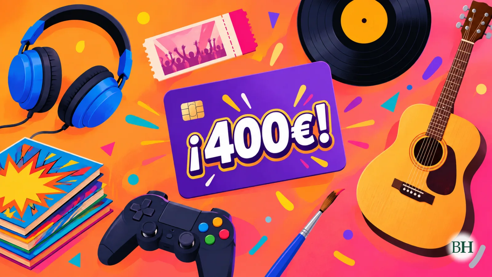 Ilustración generada con inteligencia artificial. Tarjeta prepago morada con el texto «¡400€!», rodeada de auriculares, una entrada de concierto, un vinilo, una guitarra, un mando de videoconsola, cómics y un pincel.