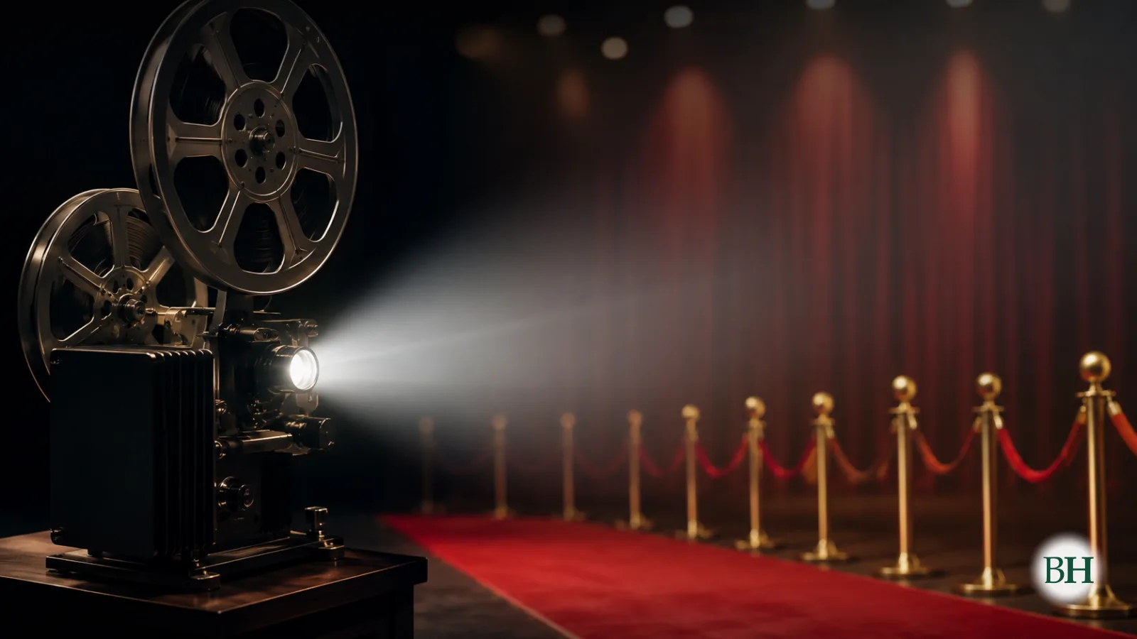 Ilustración xerada con intelixencia artificial. Proxector cinematográfico clásico nun certame de cine.