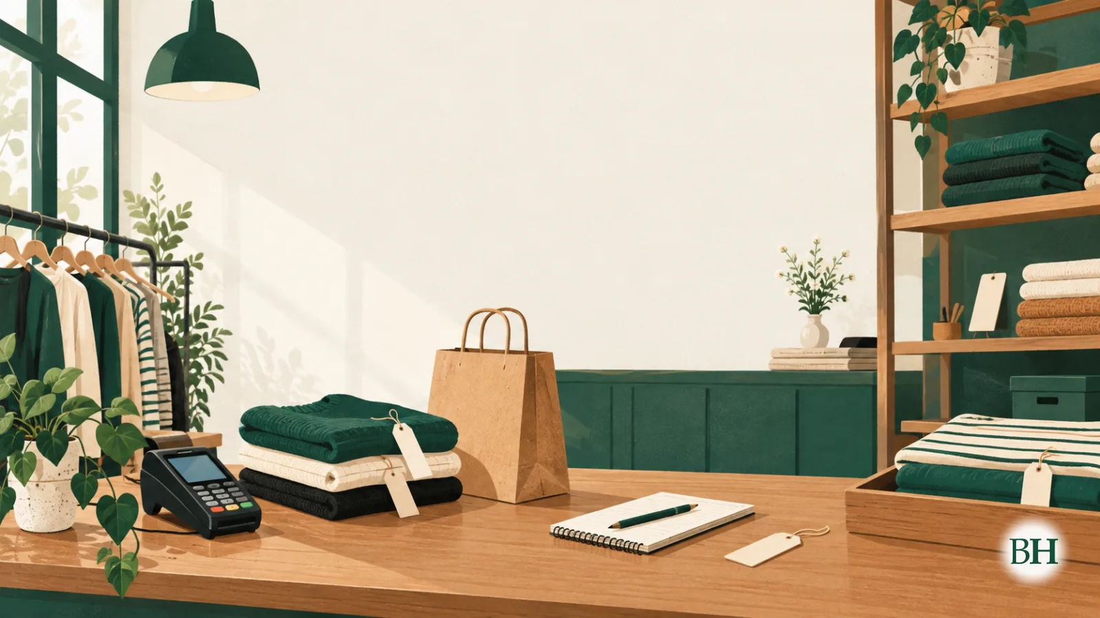 Ilustración xerada con intelixencia artificial. Ilustración editorial para unha noticia local sobre un curso gratuíto de formación para dependentes con prácticas en comercios locais. Interior dunha pequena tenda de…