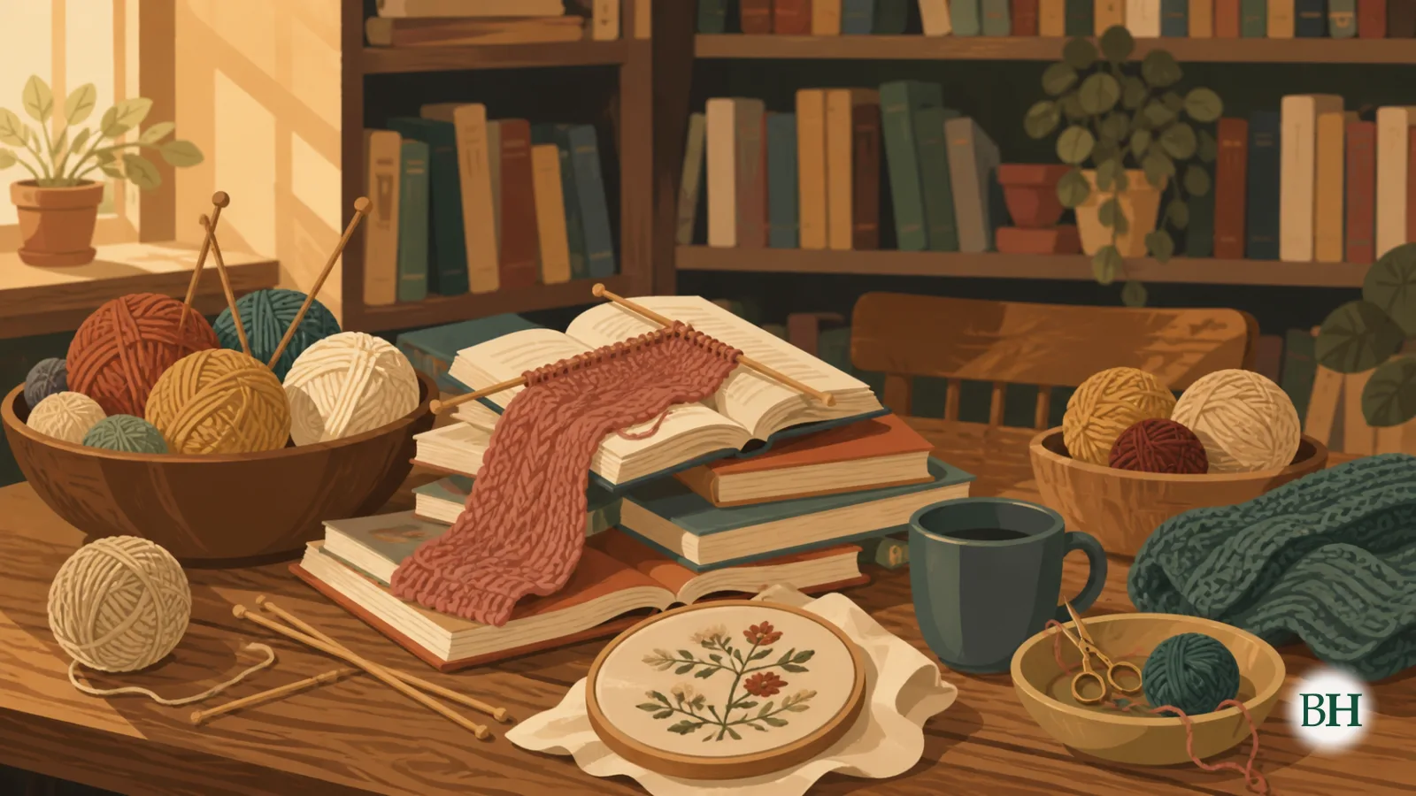 Ilustración xerada con intelixencia artificial. Ilustración editorial plana para unha noticia local sobre un obradoiro mensual nunha libraría independente onde a xente tece e borda mentres fala de libros. Nobelos de…