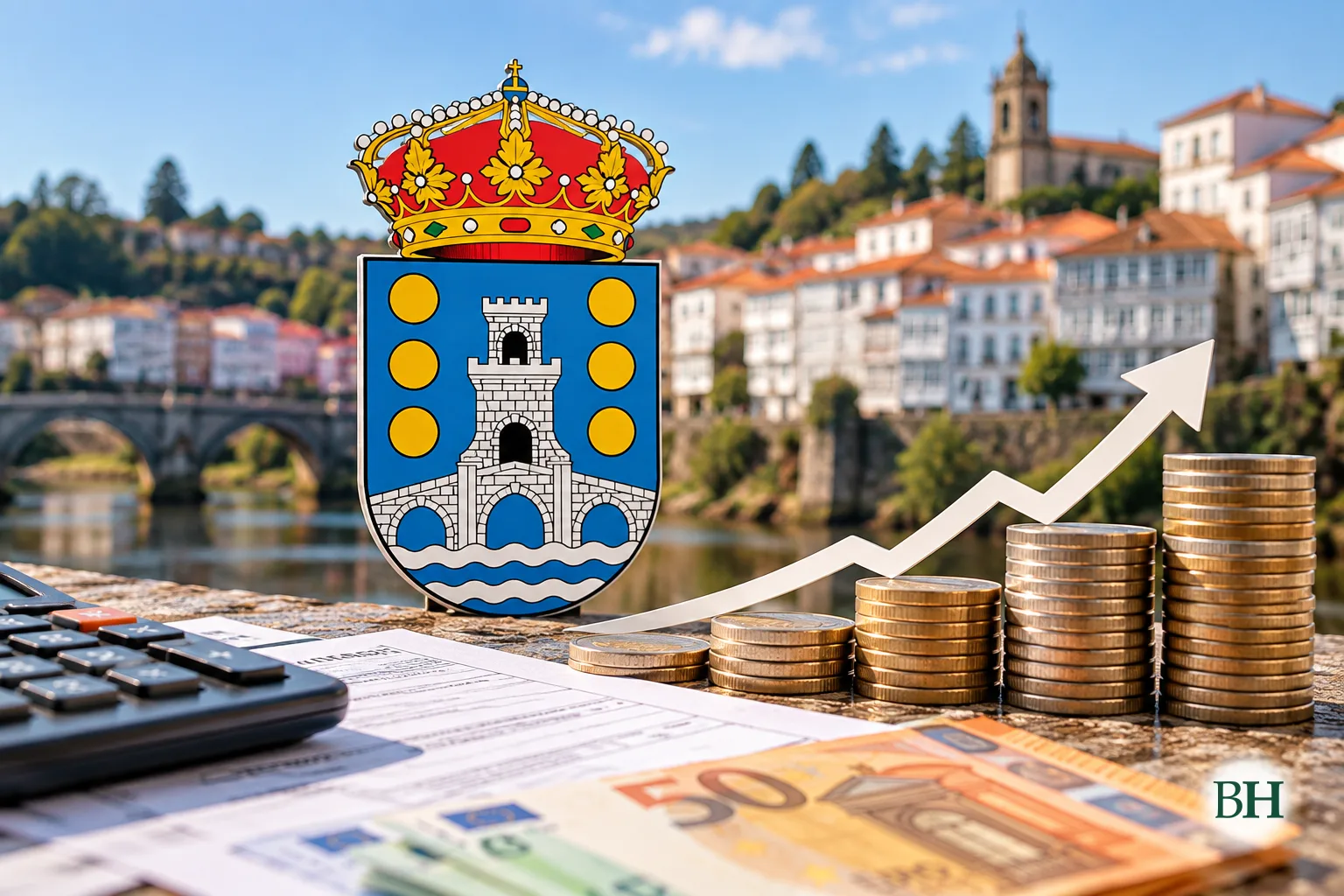 Escudo de Betanzos xunto a billetes, moedas, gráficas e unha calculadora