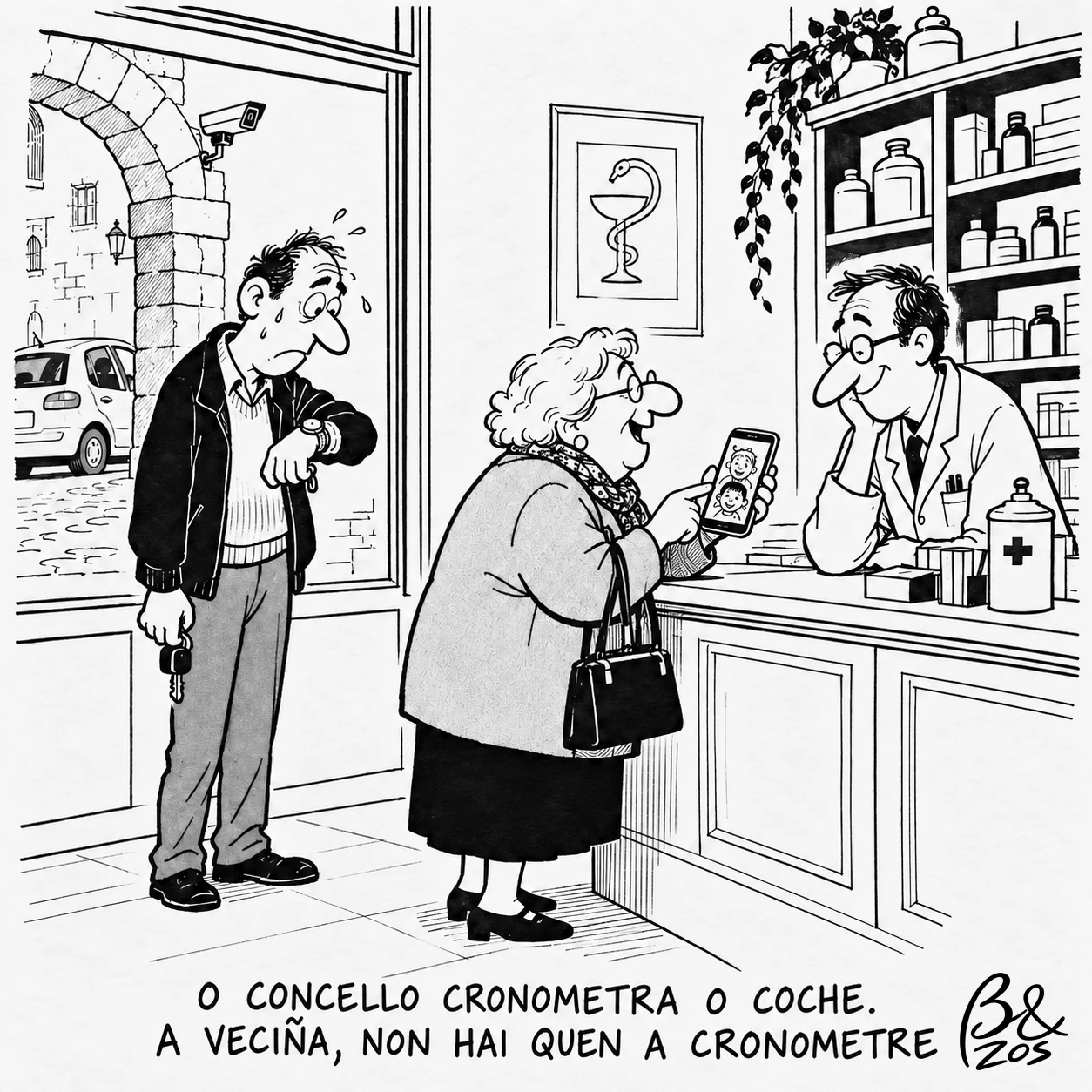 Viñeta sobre o control do tempo de estacionamento en Betanzos, cun home esperando nunha farmacia mentres unha veciña charla co farmacéutico.