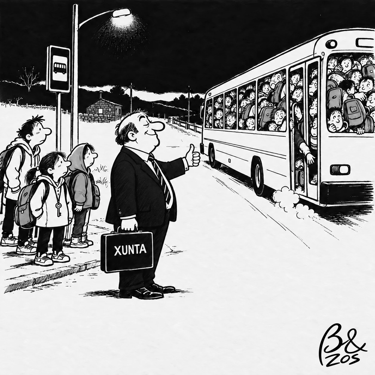 Un home representando a Xunta mentres pasa un bus abarrotado de nenos